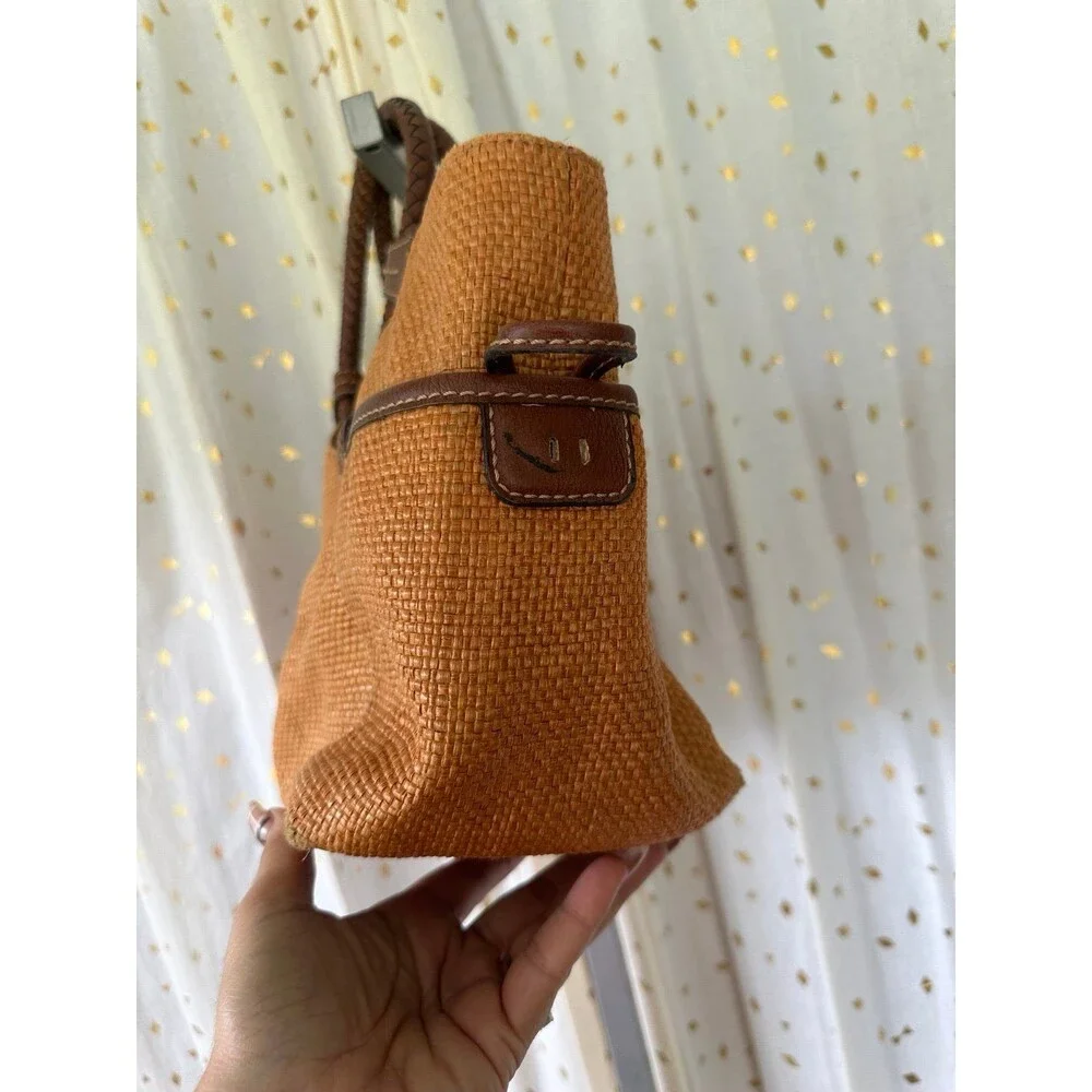 Fossil Genuine Classic 1954 Rust Straw Woven Leather Round Handles Tote Satchel